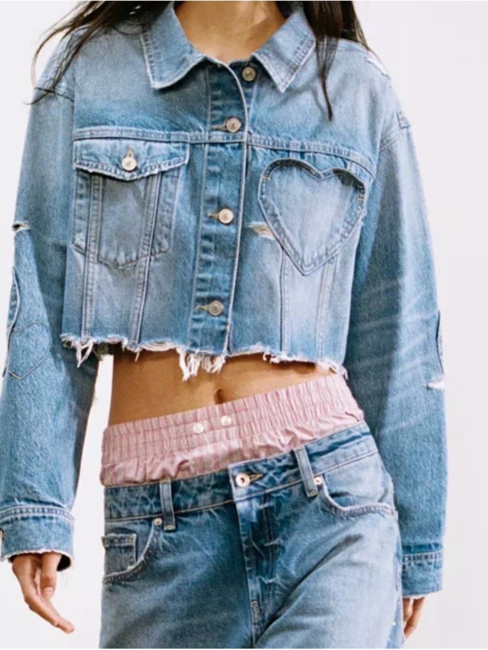 Zara Light Blue Cropped Denim Jacket with Heart Pocket